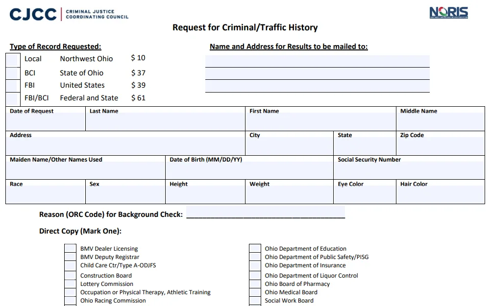 Screenshot of the request form for traffic and criminal history with fields for requestor information, type of document requested, document information, reason for check, and check boxes for direct copies. 