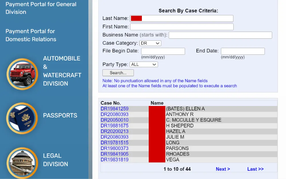A screenshot displays case search criteria such as last name, first name, business name, case category, party type, and result information such as case number and full name.