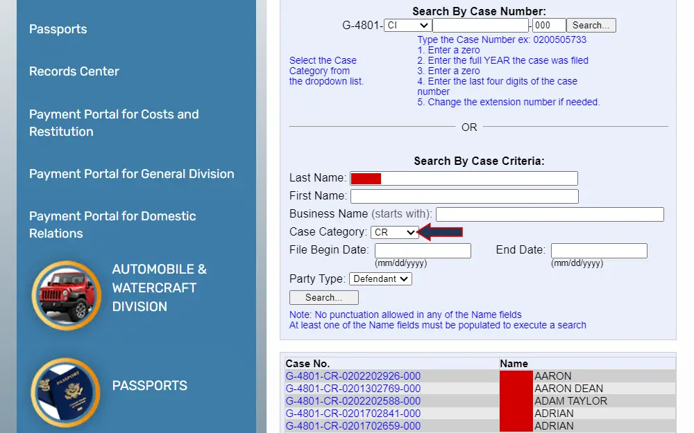 Screenshot of the search by case number and criteria tool with corresponding fields, and results for search by criteria listing the case numbers and names of individuals.