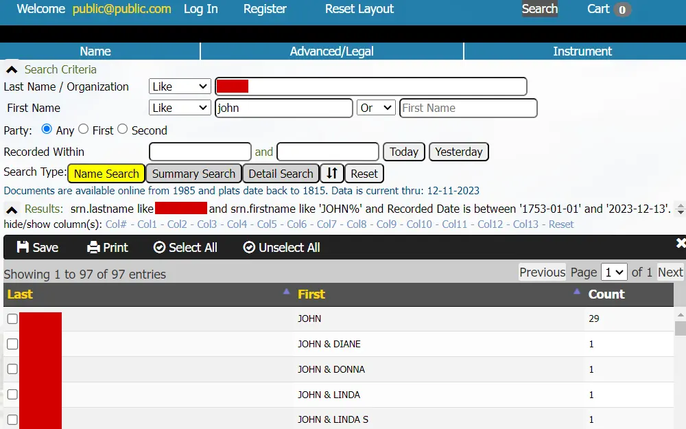 Screenshot of the public access search tool and results displaying fields for name, date range, and search type, and listing the full names of the involved individuals.