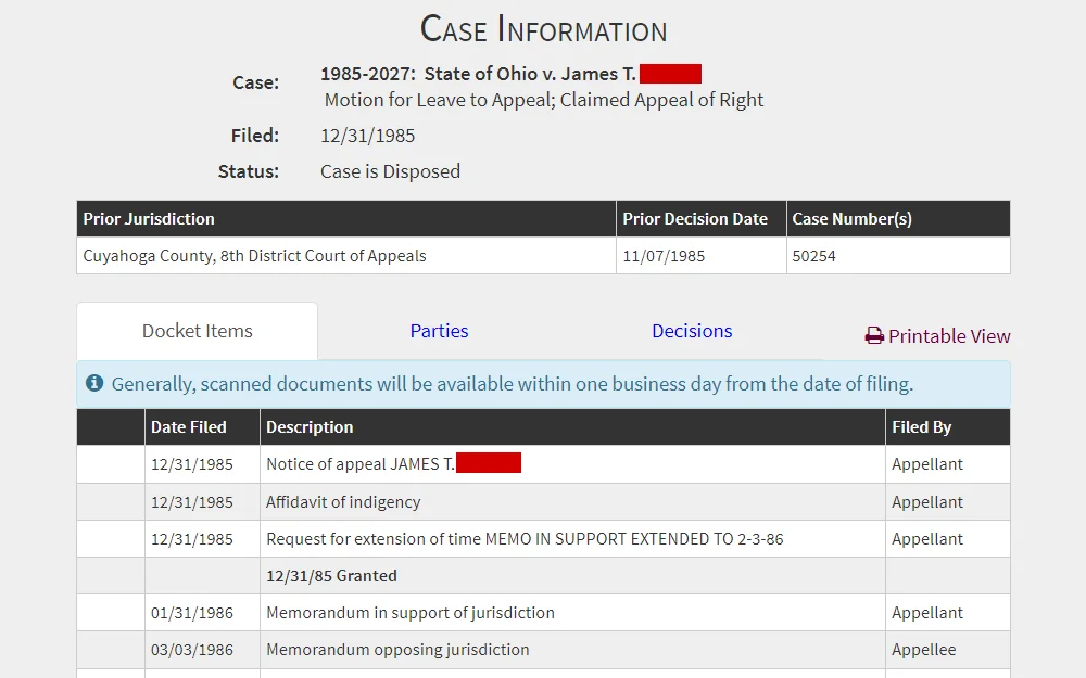 Screenshot of an individual case information displaying the name, case, filing date, status, prior jurisdiction and decision date, case number, and docket items.