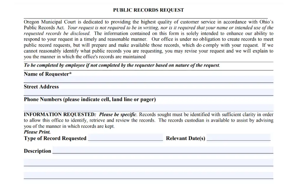 A screenshot showing a public records request online form that requires information such as name of requester, street address, phone number, type of record requested, relevant date and description.