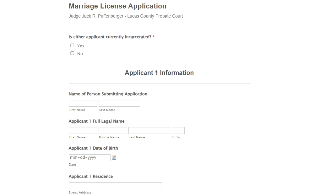 Screenshot of the marriage license application form from the probate court of Lucas County showing the first parts of the "applicant 1" section, including fields for name, birthday, and residence.