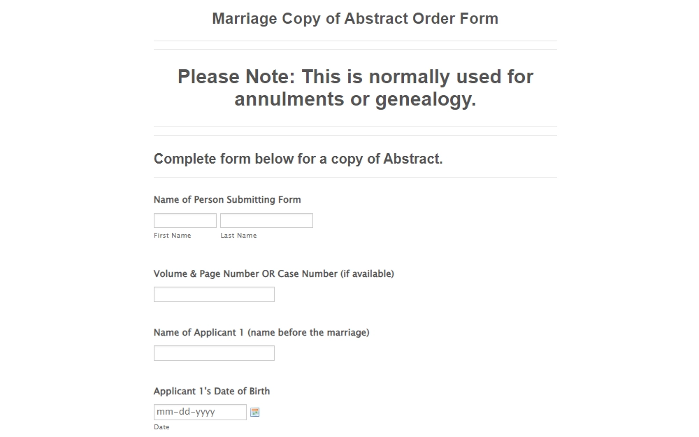 Screenshot of the online form for marriage abstract copy showing a short note and fields for names of applicant and requestor, applicant's birthday, and case number or volume and page number.