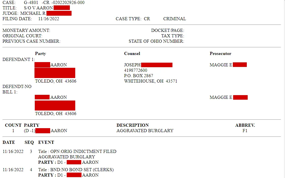 A screenshot of a case detail of one of the parties listed in the search results from Lucas County Court of Common Pleas dockets, displaying the case number, title, judge, filing date, party information, and events.