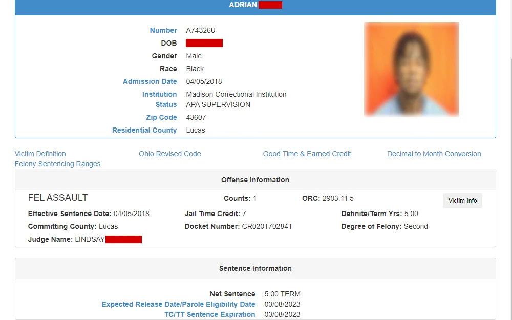 Screenshot of an offender's information displaying the mugshot, name, inmate number, date of birth, gender, race, admission date, institution, status, zip code, residential county, offense information, and sentence information.