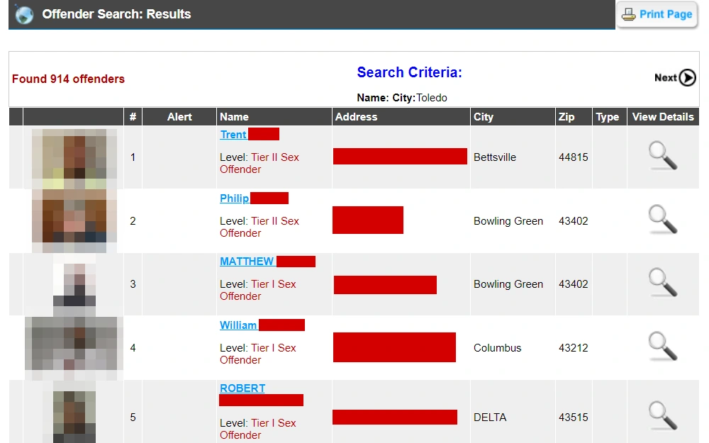 A screenshot from the Lucas County Sheriff's Office sex offender registry displays a table of results containing the following information from left to right: the registered offender’s photo, name and sex offender level, address, city, zip code, and a magnifying glass icon to view more details.