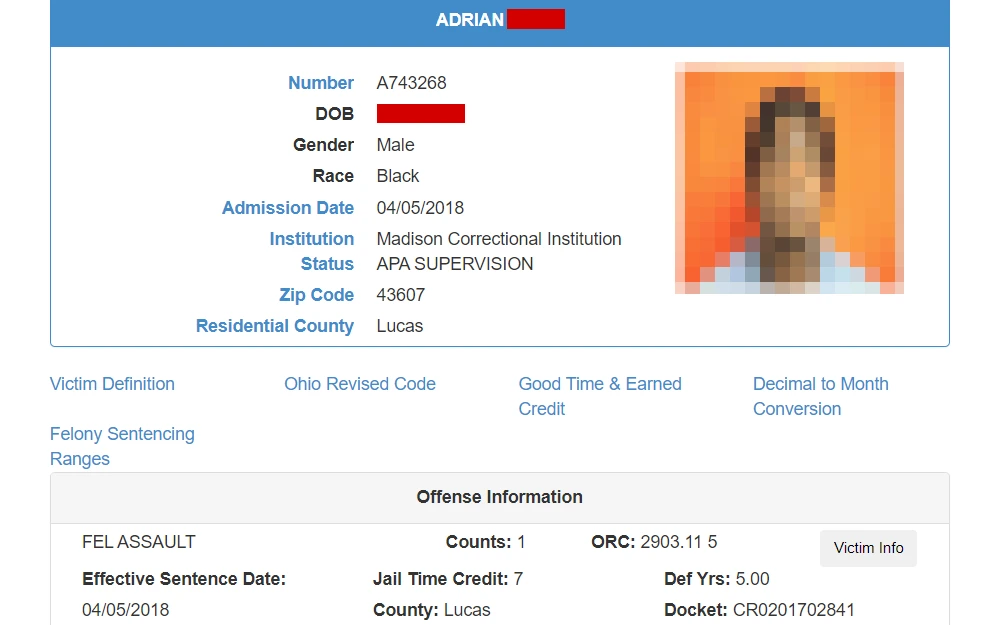 A screenshot from the Ohio Department of Rehabilitation and Correction's (ODRC) offender search results displays an offender's name, ODRC number, birthdate, gender, race, admission date, the institution where they are held, status, zip code, residential county, and mugshot, followed by their offense information below.